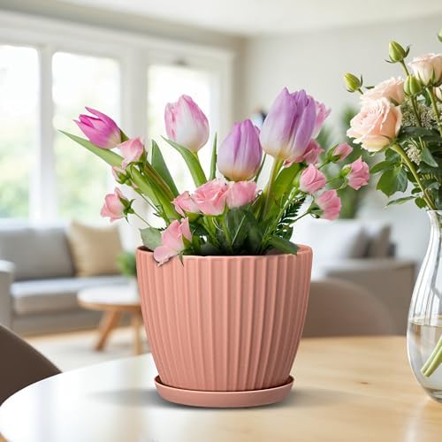 Pink 6-Inch Plant Pots with Drainage & Saucers 18 Pack, Indoor & Outdoor Planters for Houseplants, Herbs, and Flowers, Durable & Weatherproof Material, Stackable, Lightweight, Minimalist Design - Image 7