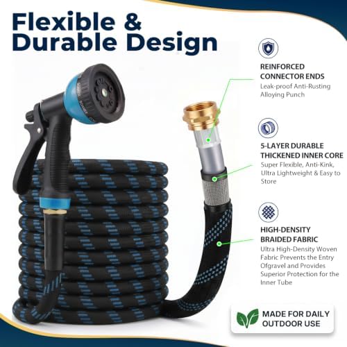 Garden Hose 50 ft, 2026 Upgraded Kink Free Flexible Water Hose 50ft With 10 Pattern Spray Nozzle, Leak-Proof, Portable, Ultra Lightweight & Durable Garden Hose for Yard, Lawn, Outdoor (Black & Blue) - Image 3