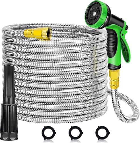 Outdoor Garden Hose 100ft Metal Stainless Steel Heavy Duty Kink Free 2 Nozzles 3/4 Brass Fittings Rust Proof For Lawn Rv Watering 100FT by Unknown