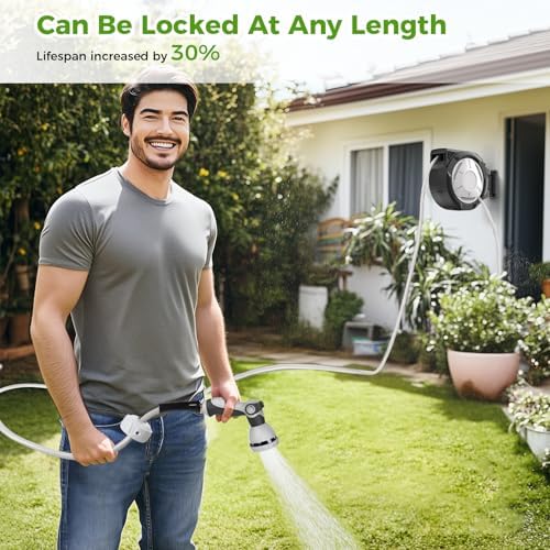 Retractable Garden Hose Reel 1/2 Inch x 100 ft, Wall Mounted Heavy Duty Automatic Hose Reel, 3/4 in Brass Fitting 9 Pattern Nozzle/Any Length Lock/180°Swivel Bracket/Slow Retraction - Image 4
