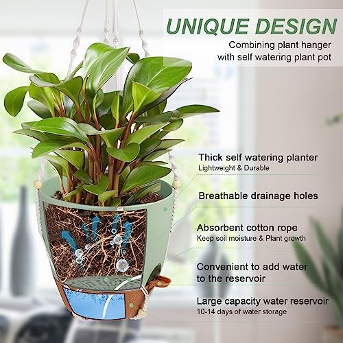 Vanslogreen 12 Inch Hanging Planters for Indoor Outdoor Plants, Self Watering Hanging Pot with Drainage Holes & Removable Tray, Macrame Plant Hanger for Boho Home Decor (Ivory+White) (Ivory+Green) - Image 2