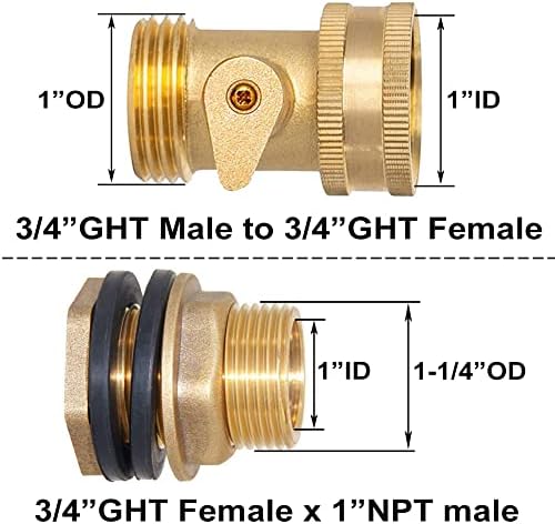 Joywayus 3/4"GHT Female x 1"NPT Male Brass Bulkhead Water Tank Connector & Garden Hose Shut Off Valve Kit with Rubber Washers and Teflon Tape (Pack of 2) - Image 2