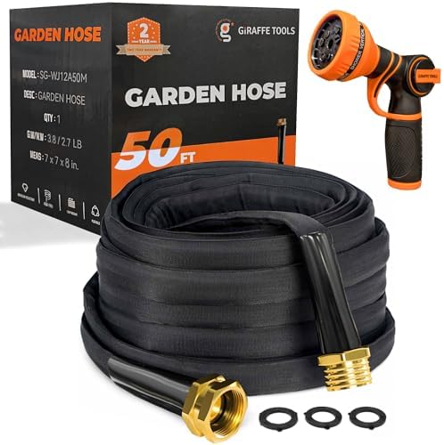 Giraffe Tools Garden Hose 50FT Lightweight Lay Flat Water Hose Kink Free Flexible Hose with 9 Spray Function Nozzle（Black） by GiraffeTools