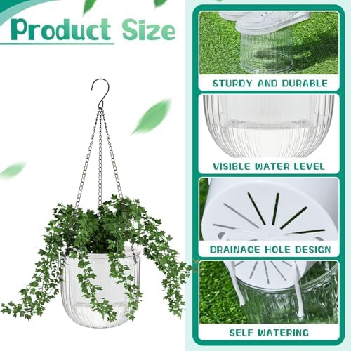 Meanplan 4 Pcs Self Watering Hanging Planter Indoor 6.5 Inch Hanging Baskets for Plants Outdoor Plastic Flower Pot with 3 Hooks Chains Drainage Holes for Garden Home, Medium Size(Clear) - Image 4