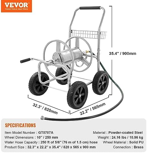 VEVOR Hose Reel Cart, Hold Up to 250 ft of 5/8’’ Hose, Garden Water Hose Carts Mobile Tools with 4 Wheels, Heavy Duty Powder-Coated Steel Outdoor Planting with Storage Basket, for Garden, Yard, Lawn - Image 3
