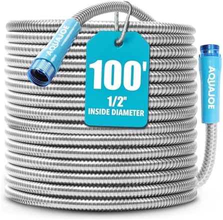 Aqua Joe AJSGH100 1/2-Inch Heavy-Duty, Puncture Proof Kink-Free, Spiral Constructed 304-Stainless Steel Metal, Garden Hose, 100-Foot by AquaJoe%C2%AE