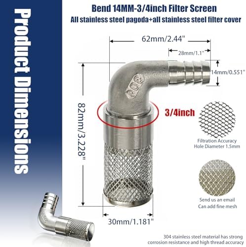304 Stainless Steel Garden Hose Strainer, 90 Degree Elbow Inlet Filter Screen, Suitable for Water Pumps, Aquariums and Garden Irrigation, Including Hose Clamps and Sealing Tape (14mm 3/4inch) - Image 2