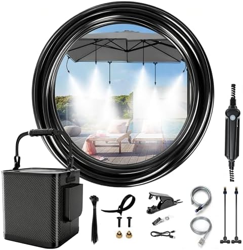 Portable Misting Cooling System Kit with 10M Hose, 4500mAh Rechargeable Pump and 8 Mist Nozzles, Outdoor Misting System for Patio, Garden, Backyard, Camping, Beach, Golf Cart and Animal Shelter by Unknown