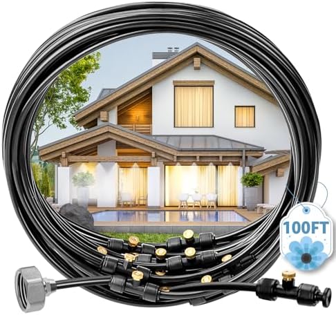 MIXC Misters for Outside Patio, 100FT (30M) Misting Line+27 Mist Nozzles+3/4" Brass Adapter, Outdoor Misting Cooling System for Patio Backyard Greenhouse Trampoline Horse Corral by MIXC