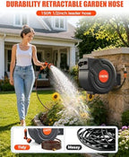 150FT Retractable Garden Hose Reel 1/2 Inch, Wall Mounted Heavy Duty Water Hose with Auto-Lock, Slow Return, 180° Swivel Bracket & 9-Pattern Spray Nozzle – UV Resistant Outdoor Hose Storage System - Image 2