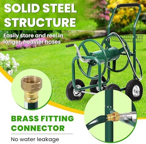 Hose Reel Cart, Hold Up to 300 ft of 5/8’’ Hose, Heavy Duty Garden Water Cart with 4 Wheels, Powder-coated Steel Outdoor Planting with Storage Basket for Garden, Lawn, Yard, Green - Image 6