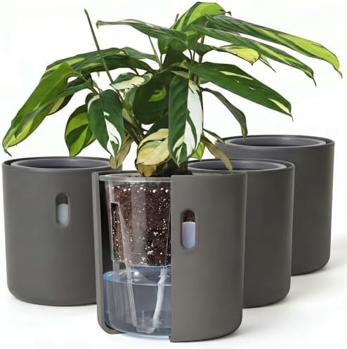 Self Watering Planters, 6 Inch Pot with Water Reservoir, Nylon Wick & Clear Inner Pot, Bottom Water System | Large Self Watering Pots for Indoor & Covered Outdoor Plants | Grey | Pack of 4 by Wavyleaf