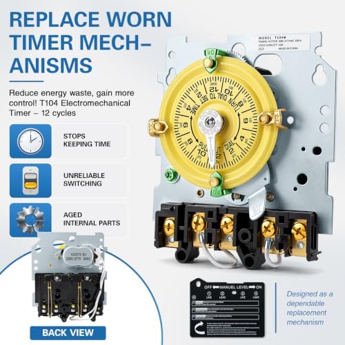 T104M Mechanical Timer Switch, 208-277V 40A Time Switch, Pool Pump Timer, 12 ON/Off 24Hour T104M for Light Lighting WaterHeater Fan and HVAC Systems - Image 2