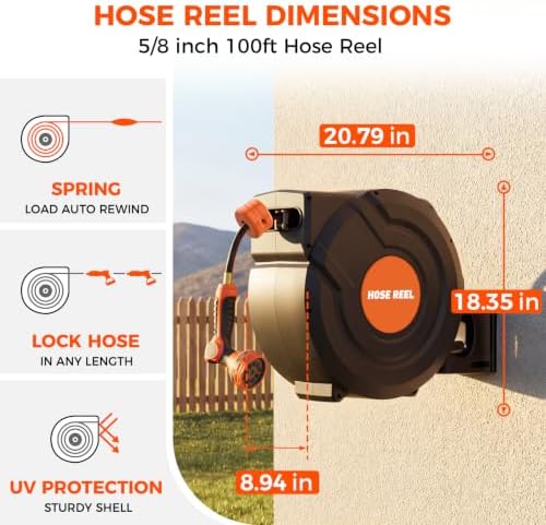 Upgraded Retractable Garden Hose Reel 5/8 inch x 100 ft Wall-Mounted 9 Pattern Nozzle Any Length Lock Automatic Slow Return 180° Swivel UV Resistant Heavy Duty Hose Reels for Outside - Image 3