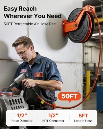 VEVOR Retractable Air Hose Reel, 1/2 Inch x 50 FT Rubber Air Hose Max 300PSI, Auto Rewind Air-Compressor Hoses Reel with 5 ft Lead in, Ceiling/Wall Mount Heavy Duty Steel Double Arm - Image 2