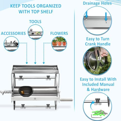 Morvat Stainless Steel Garden Hose Reel 150FT Hose Capacity Retraceable With Crank Handle, Heavy Duty Wall/Floor Mounted Water Hose, Includes 100FT Stainless-Steel Hose with On/Off Valve & Nozzle - Image 2
