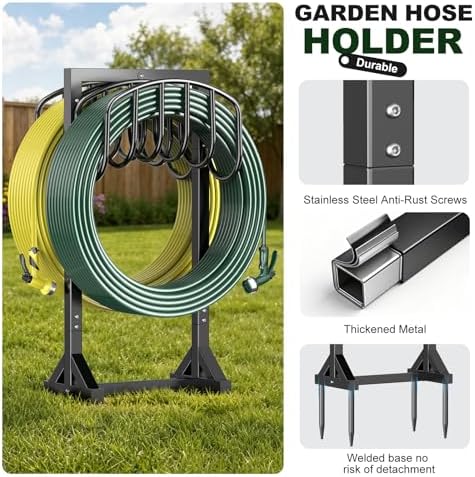 HeroicLion Garden Hose Holder Holds 2 x 151FT Hoses, Heavy-Duty Metal Freestanding Hose Stand Hanger with Stable Base, Rustproof Double Water Hose Holders for Outside Yard Lawn Farm, Black - Image 5