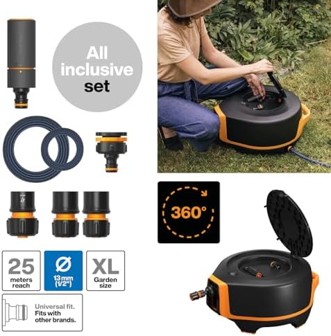 Fiskars Waterwheel XL, All-Inclusive Watering Kit, 25 m Total Reach, Automatic Retracting, Garden Hose in Universal Size (Diameter 13 mm), Universal Tap Connector, Black/Orange, X-Series, 1067549 - Image 2