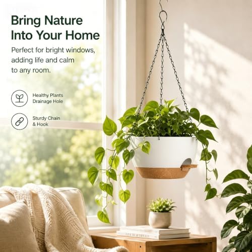 12 Inch Self Watering Hanging Planters 2 Pack, White Brown - Image 6