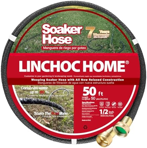Soaker Hose 50FT 1/2 Inch with Solid Brass Connectors, Flexible & Leakproof for Garden, Lawn & Landscape Care by LINCHOC+HOME