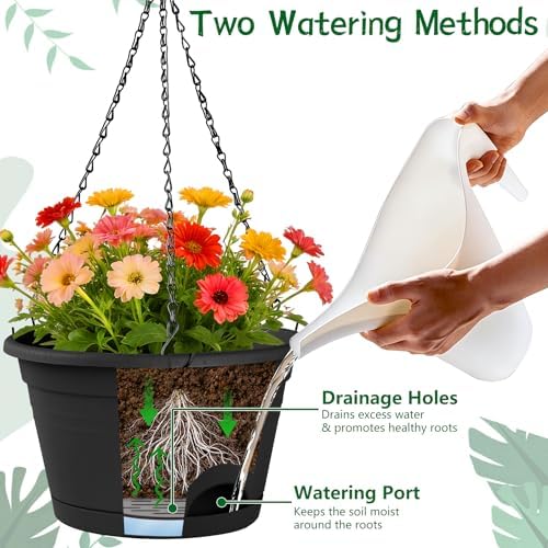 Nooulap 6 Pack Hanging Planters, 10 Inch Hanging Pots, Black - Image 2