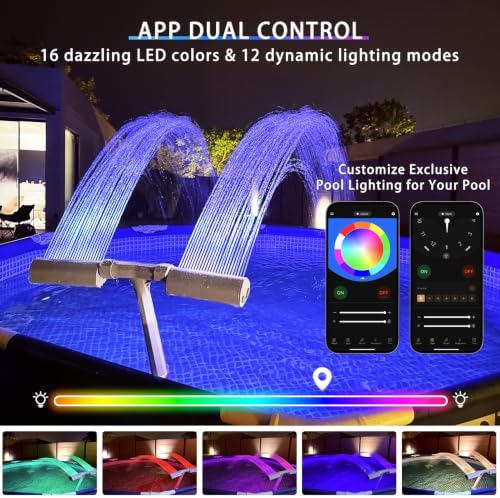 Pool Fountain with Light, 16-Color 12-Modes, Dual Spray Water Fountains for Above Ground & In-ground Pools, APP Control, 360°Adjustable Waterfall Sprinkler, Cooling Water - Image 2