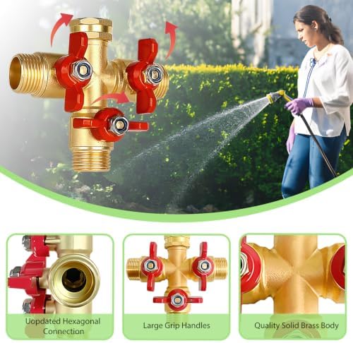 3 Way Garden Hose Splitter, Solid Brass High Flow Spigot Splitter with 3/4” GHT Thread, Individual Shut-Off Valves & Long Handle, Heavy Duty Hose Manifold for Outdoor Faucet - Image 2