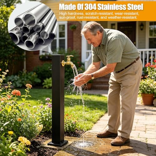Outdoor Vertical Square Garden Water Column, Stainless Steel freestanding Hose Stand with Faucet, Yard Hydrant for Patio Lawn Irrigation Washing(60cm/23.6in) - Image 4