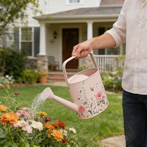 Vintage Floral Metal Watering Can for Indoor/Outdoor Plants, Pink Functional Garden Waterer with Long Spout, Garden Water Pot Rustic Decor for Home Garden Patio - Image 2