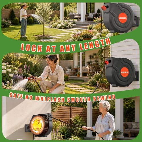 100FT Retractable Garden Hose Reel 5/8 Inch Heavy Duty Wall Mounted Retractable Hose Reel with 9-Pattern Nozzle, 180° Swivel Auto Rewind, Any Length Lock Water Hose Reel for Yard Garden Car Washing - Image 6