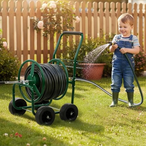 VINGLI 300FT 5/8in Garden Hose Reel Cart, 4-Wheel Portable Residential Hose Reel Cart, Hose Guide System with Storage Basket, Rust Resistant, for Family Yard, Garden and Farm (Green) - Image 2