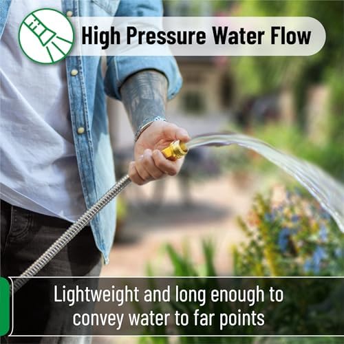 UNCO- Stainless Steel Metal Hose with 4 Function Brass Nozzle, 50 ft, No Kink, Metal Garden Hose - Image 7