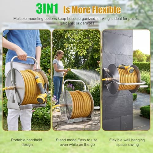 Stainless Steel Garden Hose Reel with Crank, Wall Mount/Freestanding, Includes Leader Water Pipe, Fits 5/8" x 75ft or 1/2" x 130ft Hose for Yard and Patio Use Silver One Size - Image 5