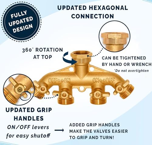 Morvat Brass 4 Way Splitter Garden Hose Hexagonal Connector with Shut Off Valves & Mount Kit PLUS Electronic Garden Hose Timer with Rain Delay for Outdoor Yard Irrigation, Plus Teflon Tape & Washers - Image 3
