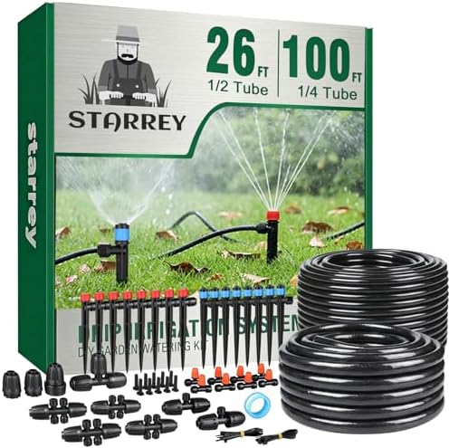 Drip Irrigation System for Garden, 2026-Upgraded Quick Connect Garden Watering Kit All-in-One with 1/2 inch 1/4 inch Irrigation Tubing for Garden, Lawn, Greenhouse, Raised Beds (126FT) by Starrey