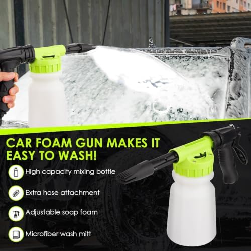 Car Wash Foam Gun with Microfiber Wash Mitt, Adjustable Foam Sprayer for Garden Hose, 6-Level Soap Mixing Car Wash Kit for Cars Trucks SUVs RVs Motorcycles Boats, Green - Image 2