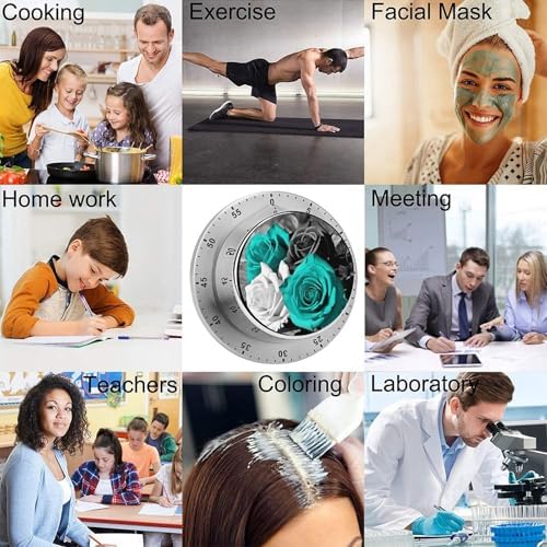 Mechanical Kitchen Timers for Cooking,Black White Teal Rose Printed 60 Minute Magnetic Countdown Timer,Cute Cooking Timers with Alarm,Stainless Steel Time Timer Manual No Batteries Required - Image 5