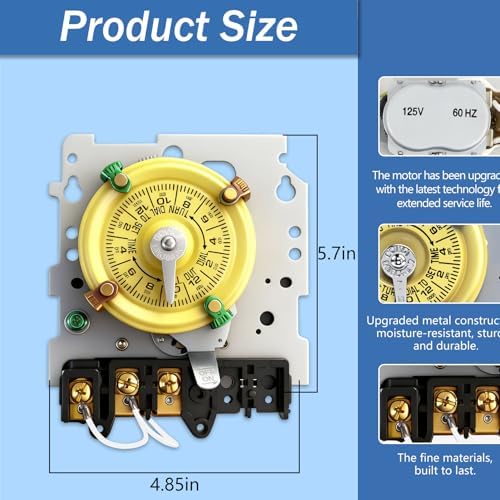 T101M Pool Timer Mechanism Only, Pool Pump Timer, 120V 2HP SPST 40A Time Switch, 24 Hour 12 ON/Off for Pool Pump, Heavy-Duty Mechanical Time Switches,Time Switch Mechanism Only, 5 Years Warranty - Image 3