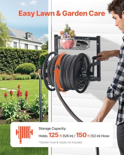 VEVOR Wall Mounted Garden Hose Reel, Holds 125 ft 5/8-inch Hose, Heavy-Duty Water Hose Winder, Space-Saving Design, Outdoor Manual Reel with Brass Fitting and Storage Basket for Yard Lawn - Image 2