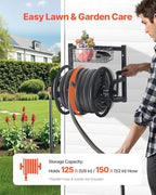 VEVOR Wall Mounted Garden Hose Reel, Holds 125 ft 5/8-inch Hose, Heavy-Duty Water Hose Winder, Space-Saving Design, Outdoor Manual Reel with Brass Fitting and Storage Basket for Yard Lawn - Image 2
