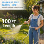 100 FT Stainless Steel Garden Hose, Heavy-Duty Water Hose with Adjustable Brass Nozzle, No Kink & Leak-Resistant, Lightweight Flexible Hose for Lawn, Yard Watering, RV & Car Washing - Image 2