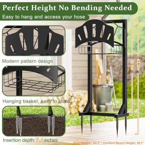 Heavy Duty Garden Hose Holder, Metal Water Hose Reel with Storage Basket & Hooks for Outside - Image 5