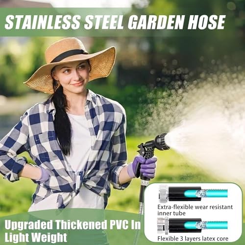 75FT Metal Garden Hose – 304 Stainless Steel Heavy Duty Water Hose with 2 Nozzles, Flexible Kink-Free Dog-Proof Hose for Garden Watering, Car Washing, House Cleaning & Dog Bathing - Image 2