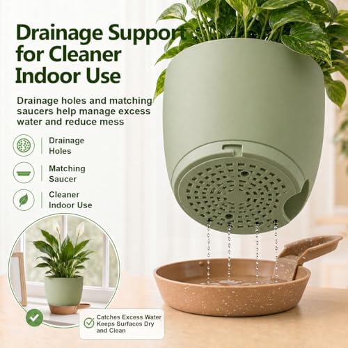 Plant Pots for Indoor 9/8/7/6.5/6/5 Inch, Self Watering Planter Pots with Drainage Holes and Saucers, 6Pcs Plastic Flower Pots for Indoor & Outdoor Plants（Green） - Image 3