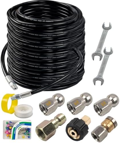 Hourleey Sewer Jetter Kit for Pressure Washer 150FT, Drain Cleaner Hose 1/4 Inch NPT, Orifice 4.0 Button Nose and Rotating Sewer Jetting Nozzle Spanner Tape Pearl Corsage Pin, 4000 PSI by Hourleey