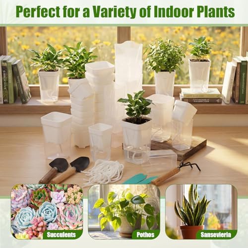 30 Pack 2" 2.5" Small Self Watering Pots for Indoor Plants Clear Mini Self Watering Plant Pot with Water Level Drainage Holes 30 Plastic Label 3 Planting Tools Rope for Propagation Succulent - Image 6