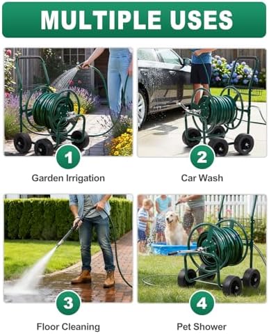 Outvita 250 FT Duty Hose Reel Cart, 4 PU Wheel Garden Storage Cart, Green - Image 6