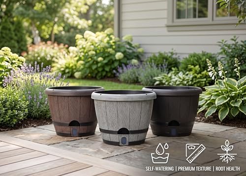 Sun-E 10" Self-Watering Whiskey Barrel Planters 3 Pack for Indoor Outdoor - Image 2
