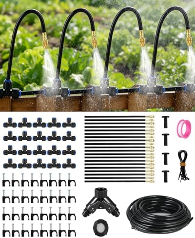 130FT Drip Irrigation System for Garden: 20 Nozzles 1/4" PE Tubing Automatic Watering Kit Adjustable Misting Sprinkler Mister Hose for Water Plants Tape Raised Beds Lawn Outdoor Yard Greenhouse 130FT by Unknown