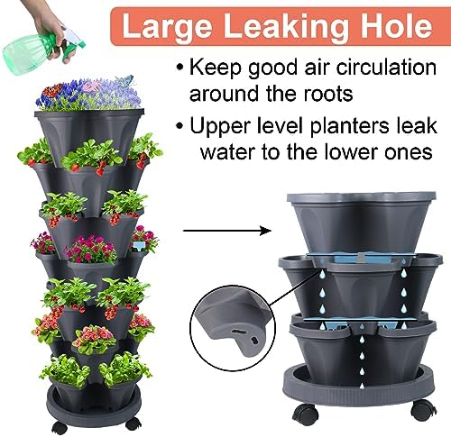 GameXcel Vertical Planter Tower - 7 Tier Stackable Garden Planters with Wheels and Garden Tool Set Plant Pots for Strawberry Herb Flower and Vegetable Indoor Outdoor Use Dark Gray - Image 3